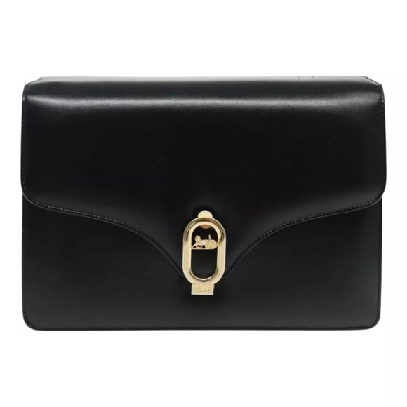 CELINE Shoulder Bag Leather Black Gold Auth - Picture 1 of 14
